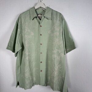 Jamaica Jaxx Mens Green Floral Button-Up Camp Shirt Large 100% Silk Short Sleeve